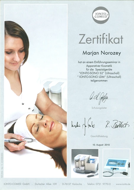 Apparative Kosmetik · Ultraschall: Zertifikat für Marjan, IONTO-COMED, 2010.