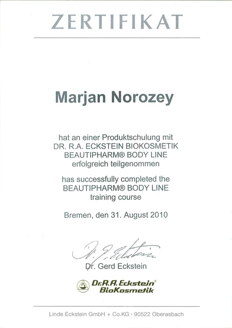 Beautipharm Body Line: Zertifikat für Marjan, Dr. R. A. Eckstein BioKosmetik, 2010.