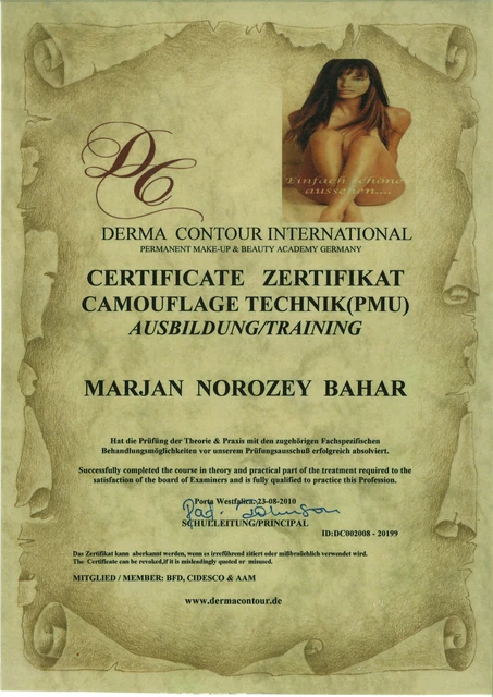 Camouflage-Technik · Permanent Make-up: Zertifikat für Marjan, Derma Contour International, 2010.