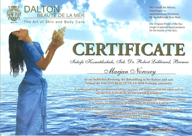 DALTON Beauté de la Mer: Zertifikat für Marjan, Produktschulung, 2010.