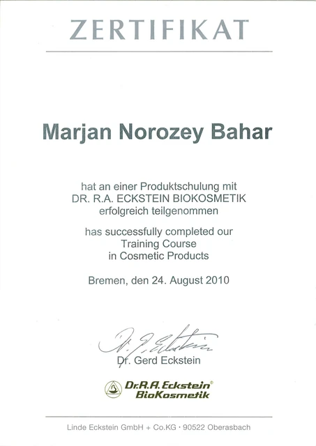 Dr. R. A. Eckstein BioKosmetik: Zertifikat für Marjan, Produktschulung, 2010.