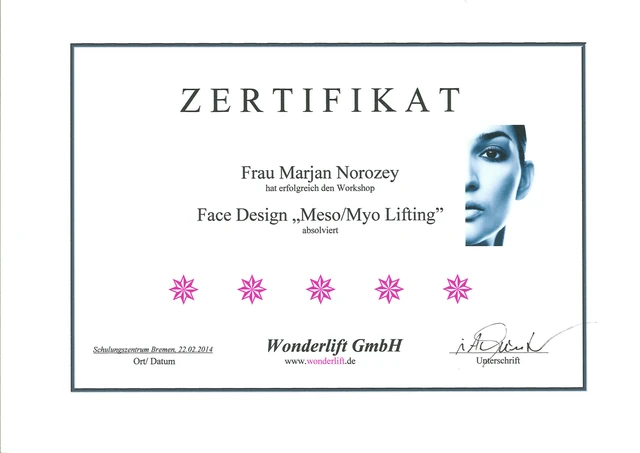 Face Design · Meso/Myo Lifting: Zertifikat für Marjan, Wonderlift, 2014.