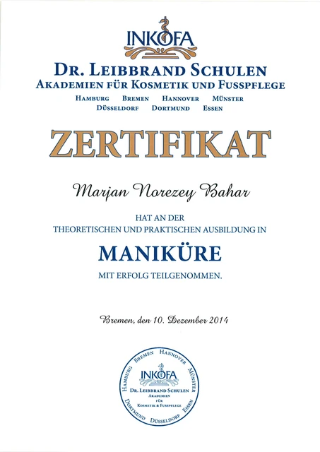 Maniküre: Zertifikat für Marjan, INKOFA Dr. Leibbrand · Bremen, 2014.
