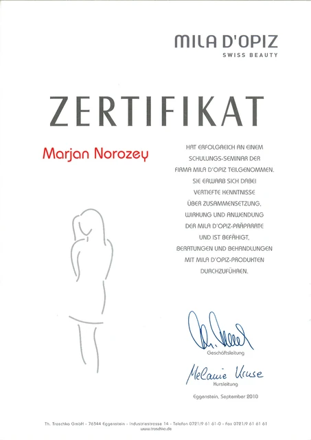 Mila d’Opiz: Zertifikat für Marjan, Produktschulung, 2010.