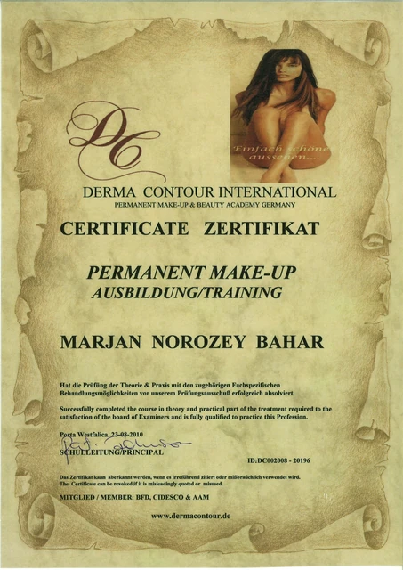Permanent Make-up: Zertifikat für Marjan, Derma Contour International, 2010.