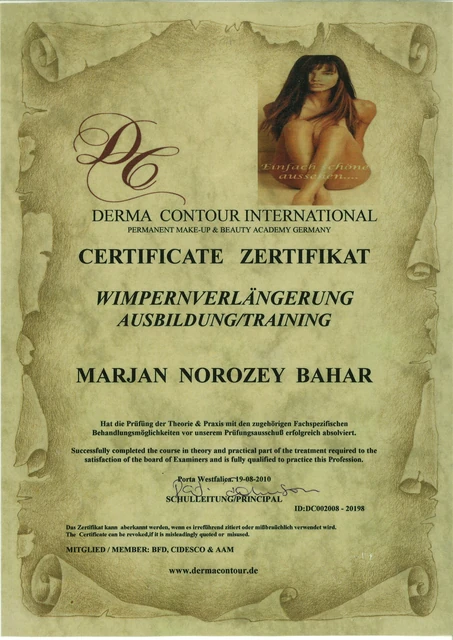 Wimpernverlängerung: Zertifikat für Marjan, Derma Contour International, 2010.